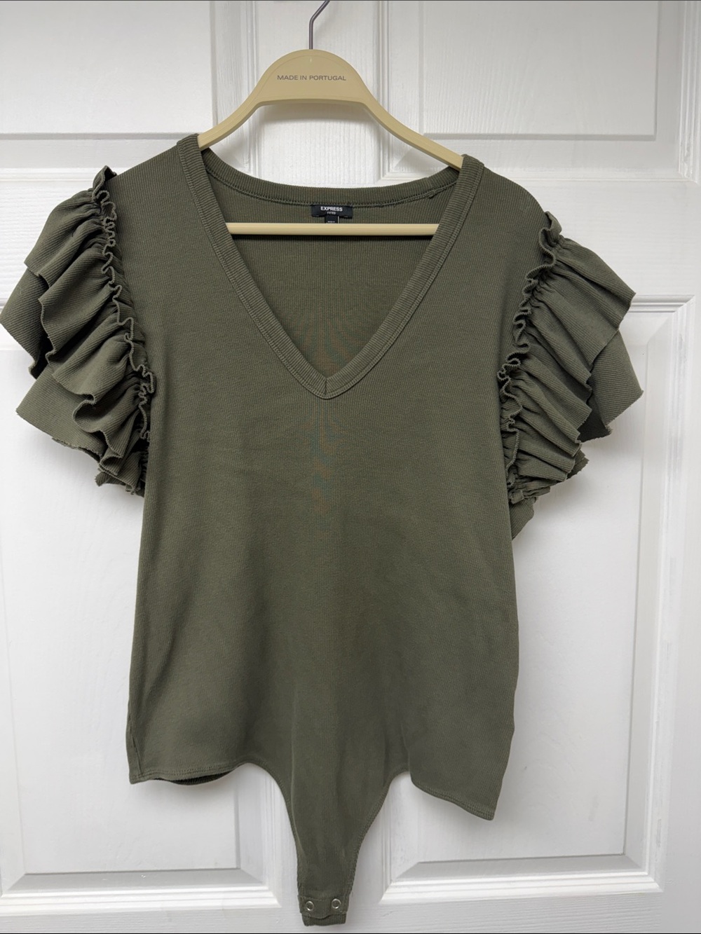 Express Olive Ruffle Sleeve V-Neck Bodysuit